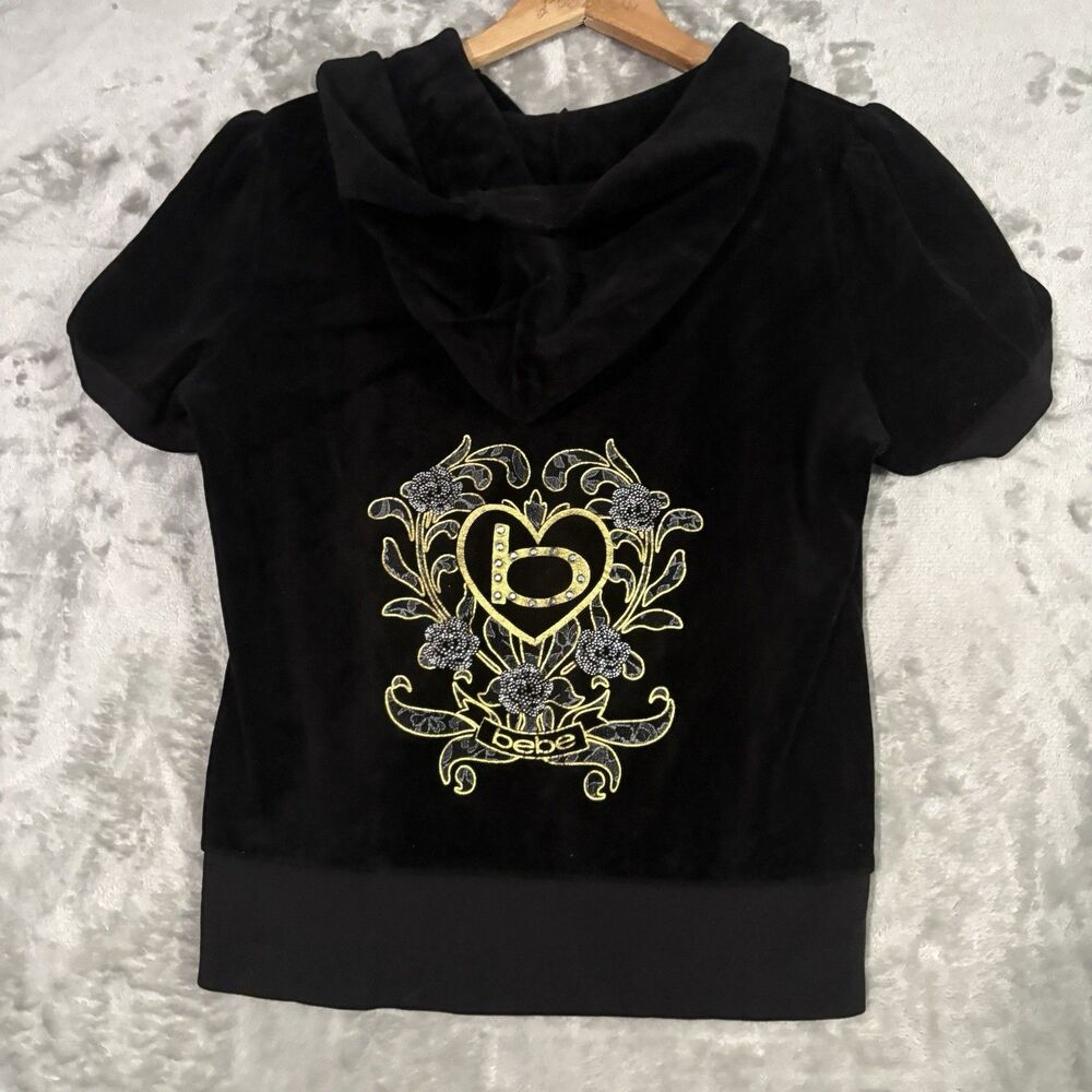 Y2K Bebe Women’s Black Velour Short-Sleeve Rhinestone Full-Zip Hoodie Size L